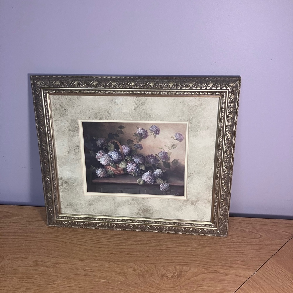 Framed Floral Artwork 15x13 Fabrice de Villanueve Hydrangeas in violet - Picture 1 of 14